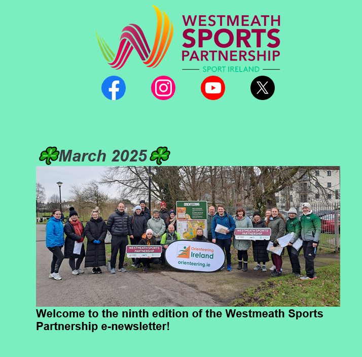 Cover image of the March edition of Westmeath Sports Partnership's newsletter with an image showing people standing for a picture in a park.