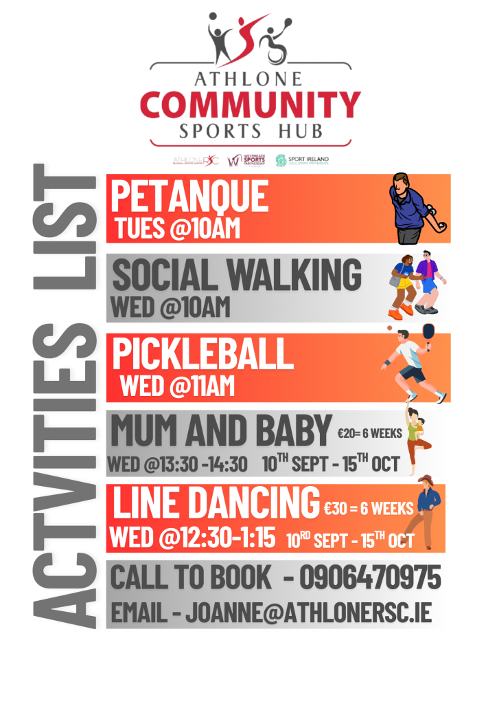 Schedule of events at Athlone Community Sports Hub